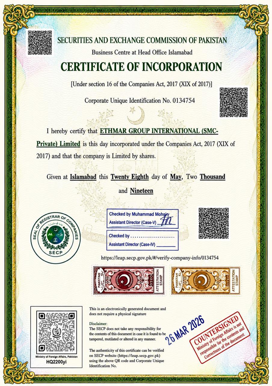 Ethmar Group International Pakistan certificate of incorporation