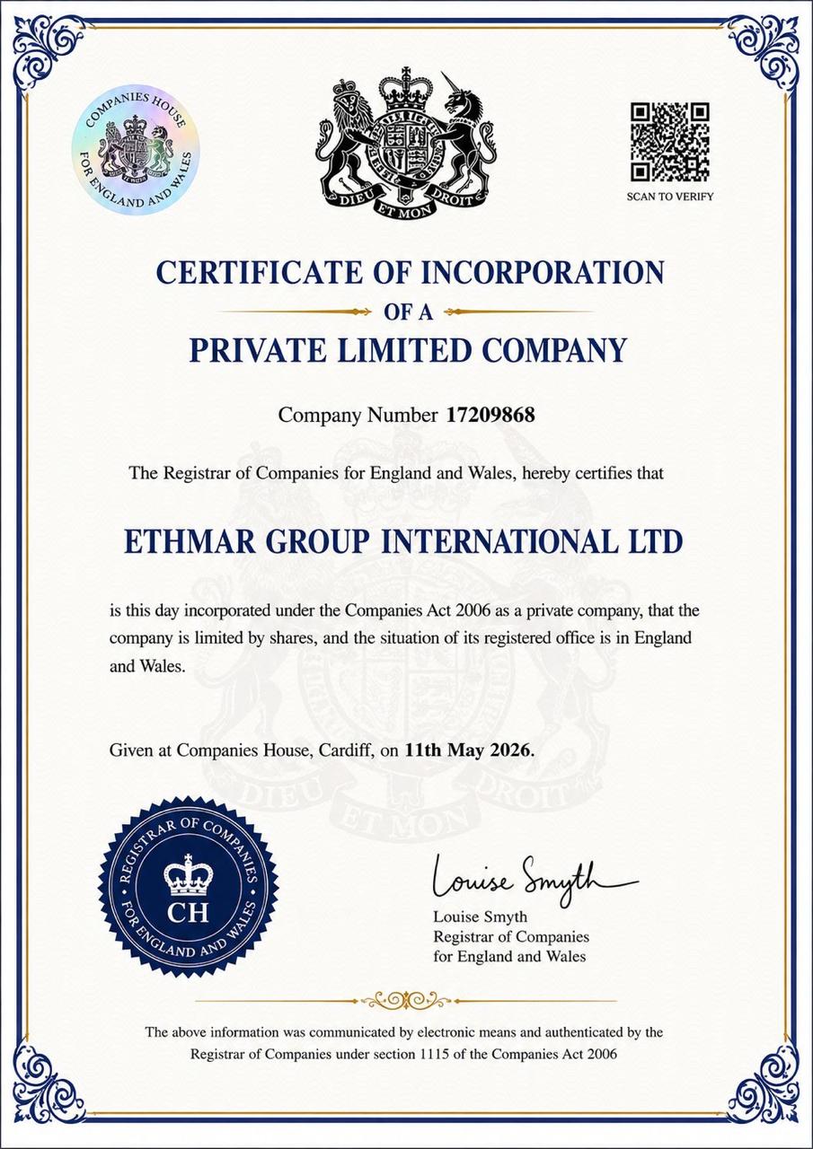 Ethmar Group International United Kingdom certificate of incorporation