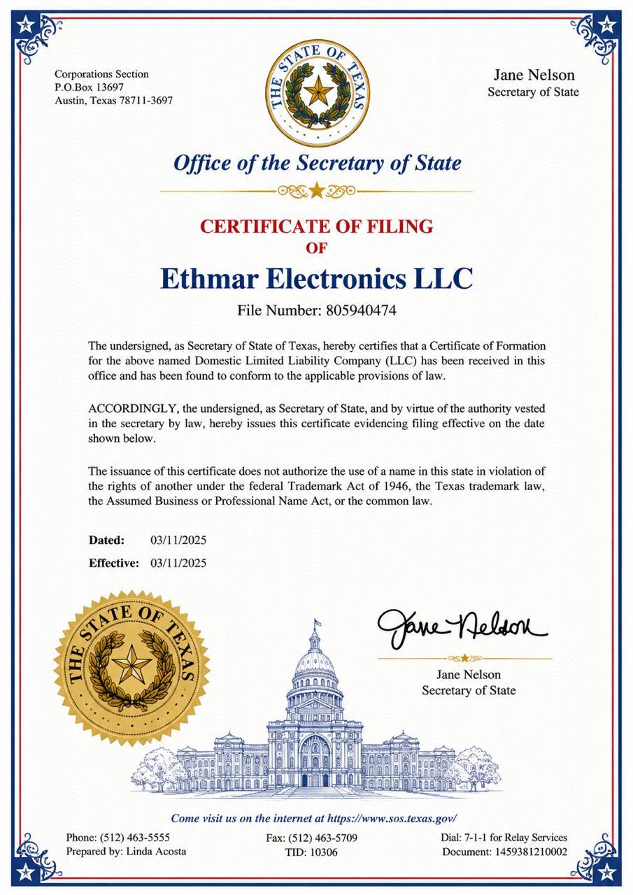 Ethmar Electronics United States certificate of filing